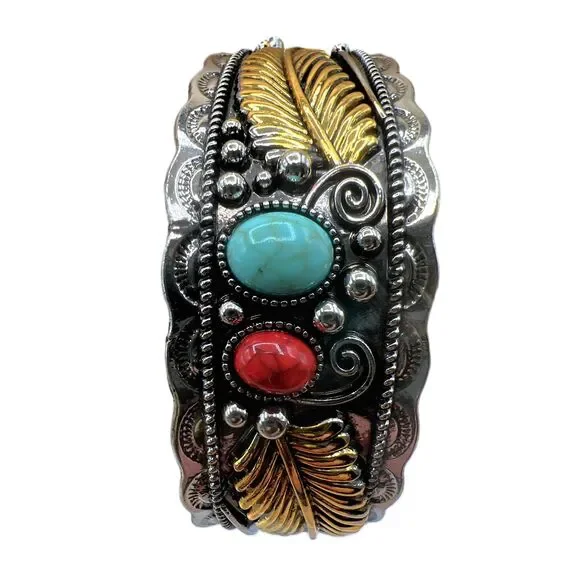 NEW Silver Gold Accents Faux Turquoise Stone Red Stone Boho Bracelet - Picture 1 of 11